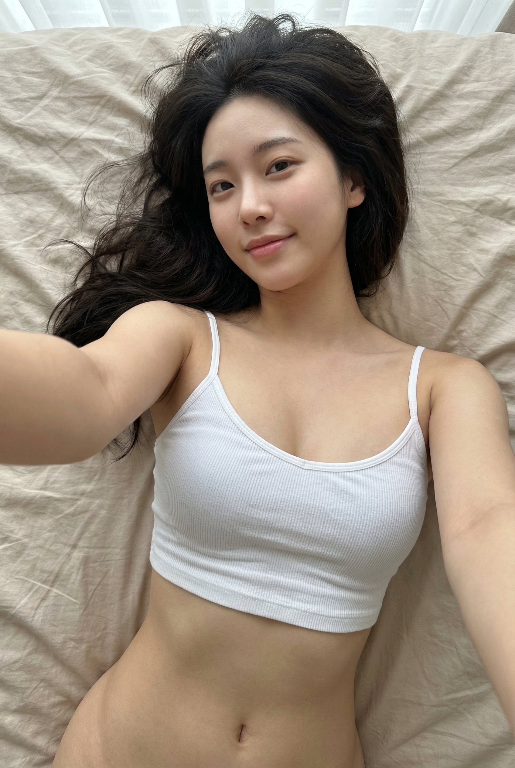 Korean Celebrity Hip Selfie: Youthful Beauty in Bed